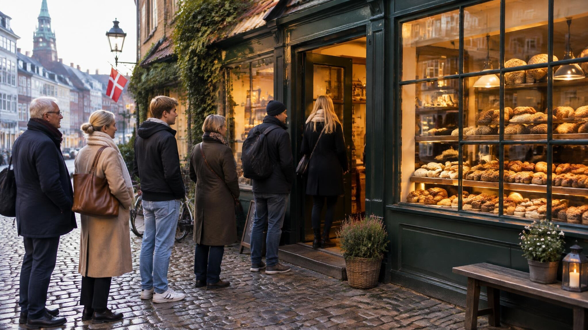 People standing in line outside a small Danish bakery in the early morning