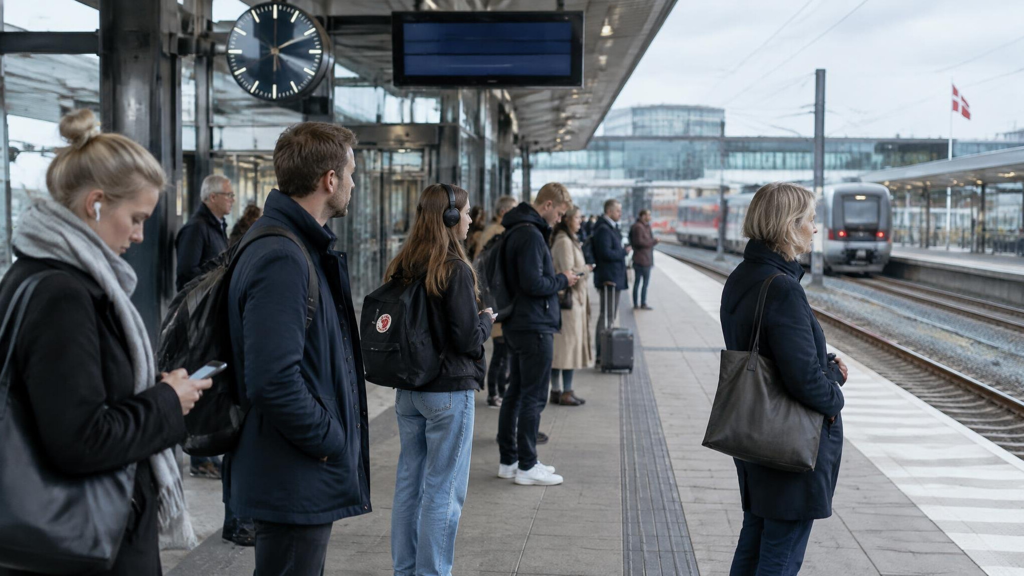 Travellers waiting on a train platform at a Danish railway station