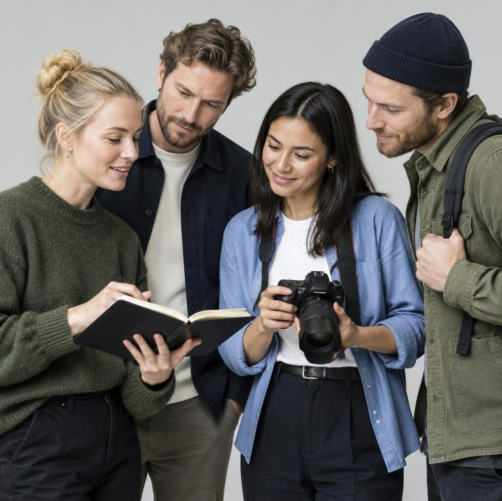 Small diverse team of storytellers and photographers reviewing notes together